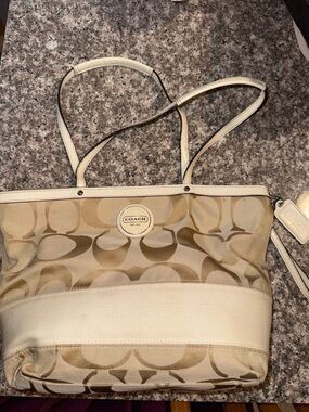 Coach Tan Signature Canvas Tote with Cream Trim